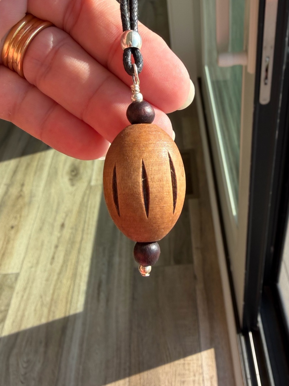 Handmade Brown Wooden Bead Pendant Necklace on 18” Cord